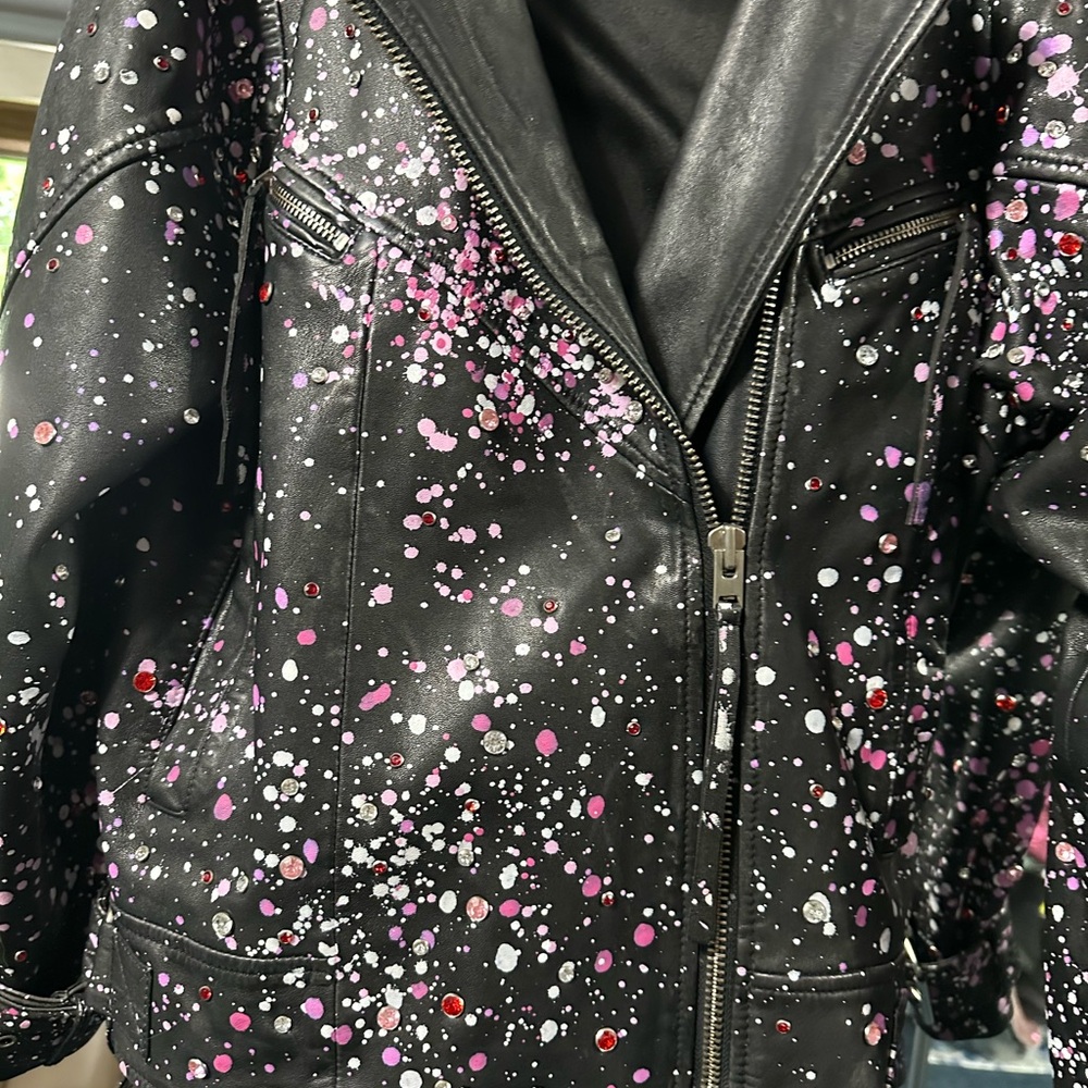 Topshop REAL LEATHER Black jacket W/ sparkling Chain Detail and rhinestones